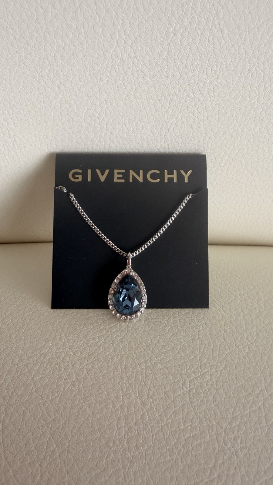 Givenchy Blue Crystal Teardrop Halo Pendant Necklace Silver Tone Chain NWT