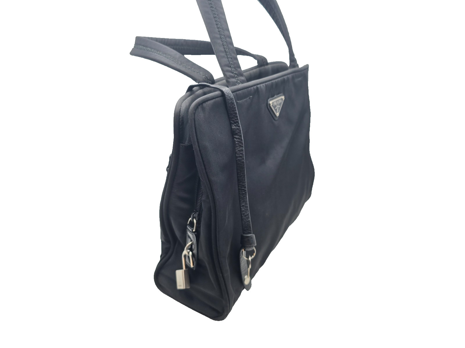 Prada Tessuto Velo Nylon Handbag Purse w Triangle Logo, Lock, Key Charms Prada Tessuto Velo Nylon Handbag Purse w Triangle Logo, Lock, Key Charms