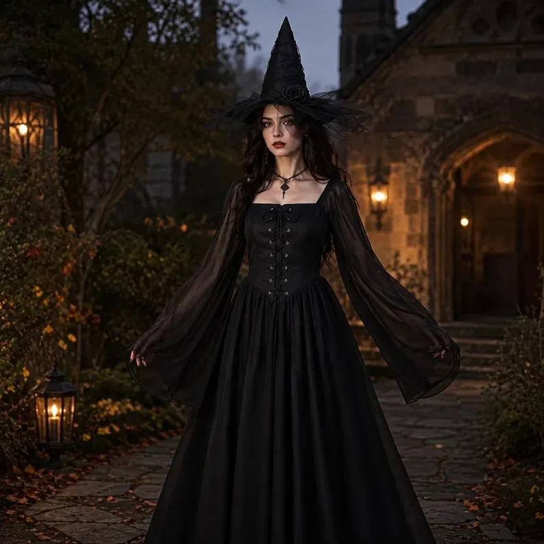 Black Medieval Witch Gown, Halloween Cosplay Costume, Renaissance Witch Maxi 