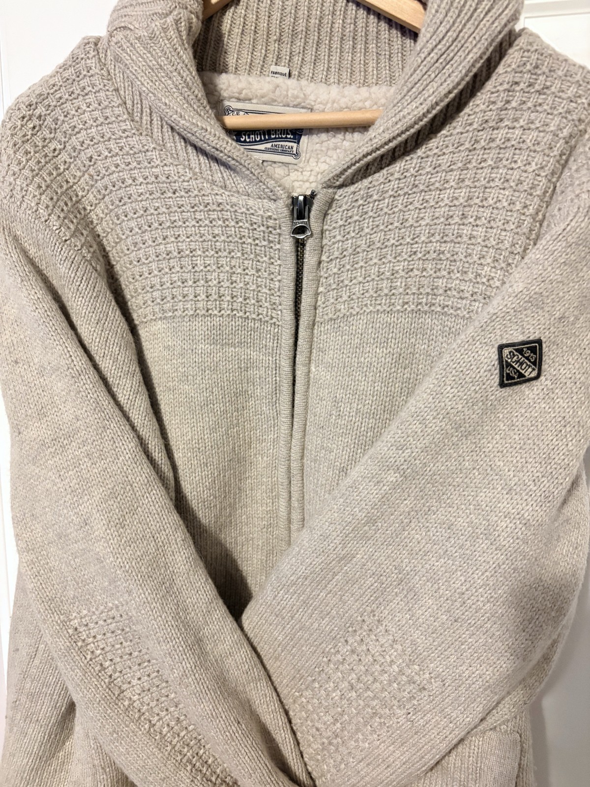 Schott Bros Mens XL Gray Sherpa Lined Full Zip Knit Sweater Jacket