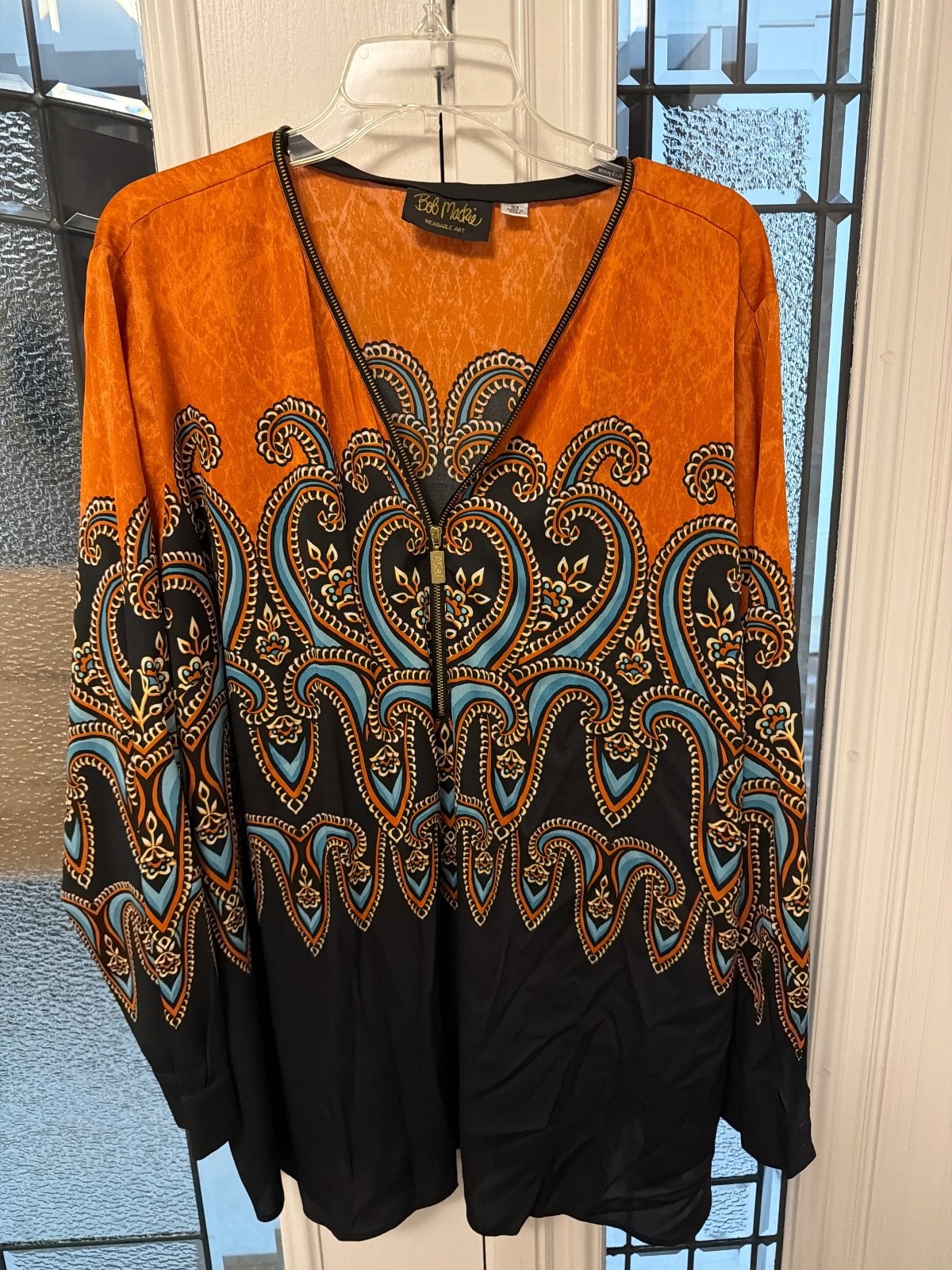 Bob Mackie Wearable Art Women’s 3X Paisley Tunic Top Orange Black Blue Zip Front