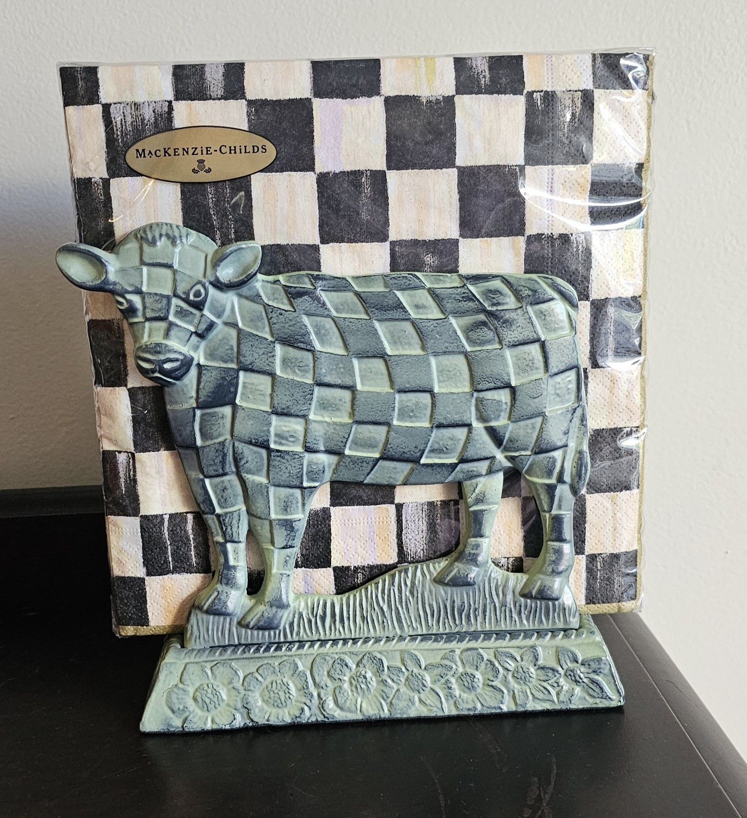 Mackenzie Childs Cow Napkin Holder & Napkins Metal Verdigris Finish Hard To Find