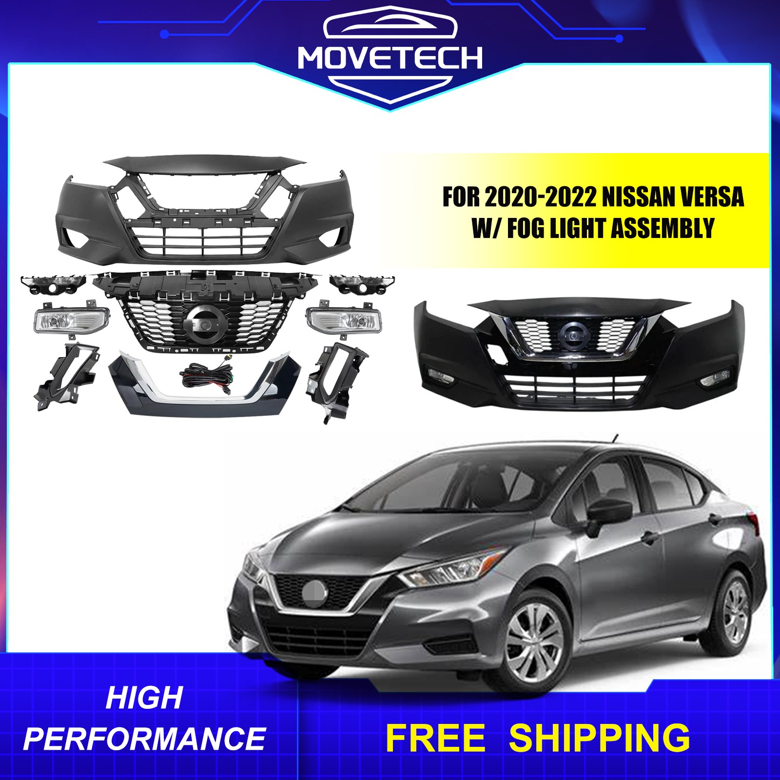 For 2020-2022 Nissan Versa Complete Front Bumper Grille W/ Fog Light Assembly