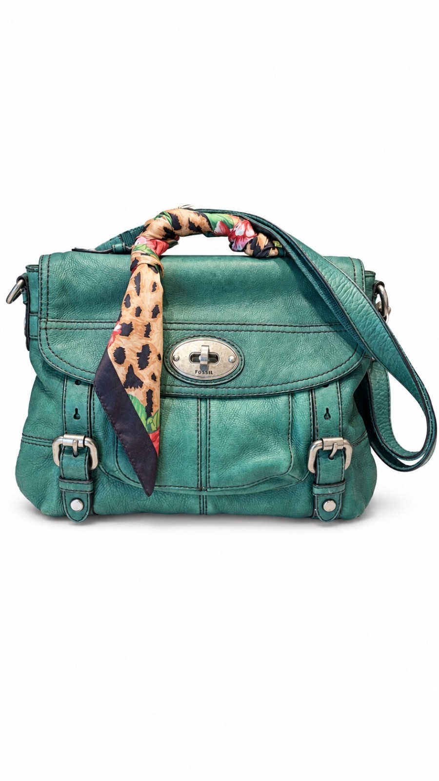 Fossil Maddox Teal Leather Organizer Flap Crossbody Satchel Bag green