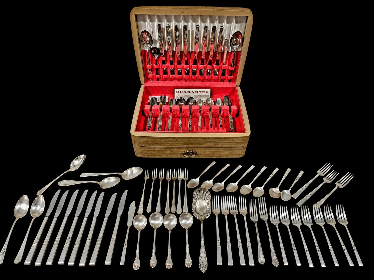 1847 Rogers Bros Silverplate 48 Pc Wood Box + 50 Misc Silverplate Pieces (98pcs)