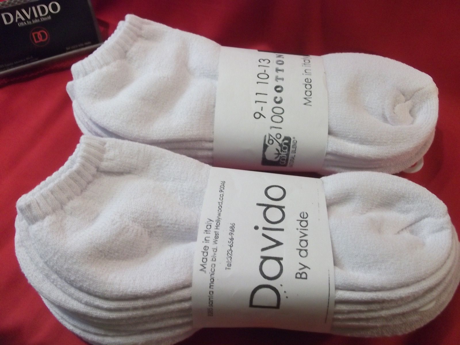 Davido mens socks ankle low cut 100 % cotton made in Italy white 8 pack siz 9-11