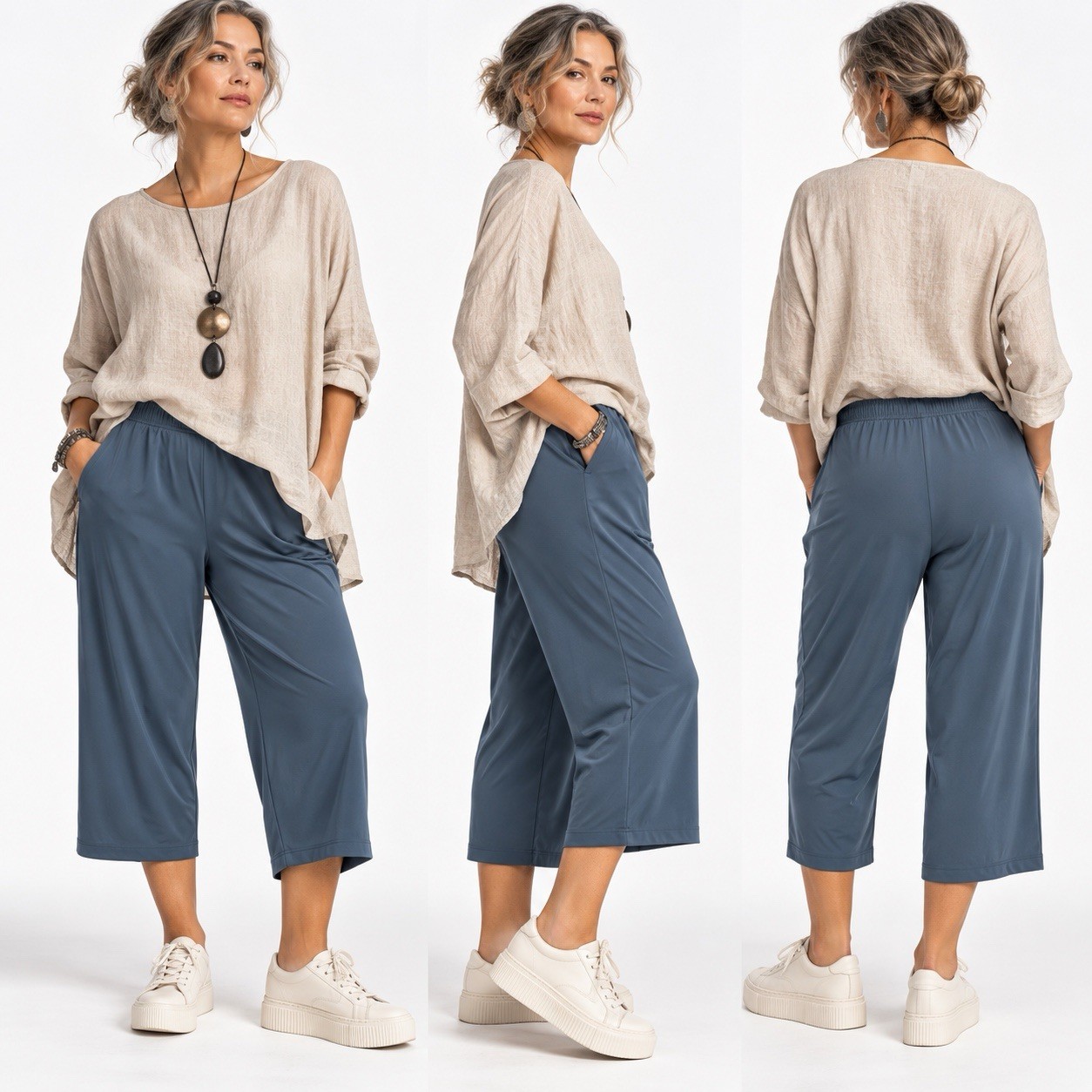 CHICO’S Size 2 “Travelers” BLUE Slinky Stretchy Knit Cropped Wide Leg Pants, EUC