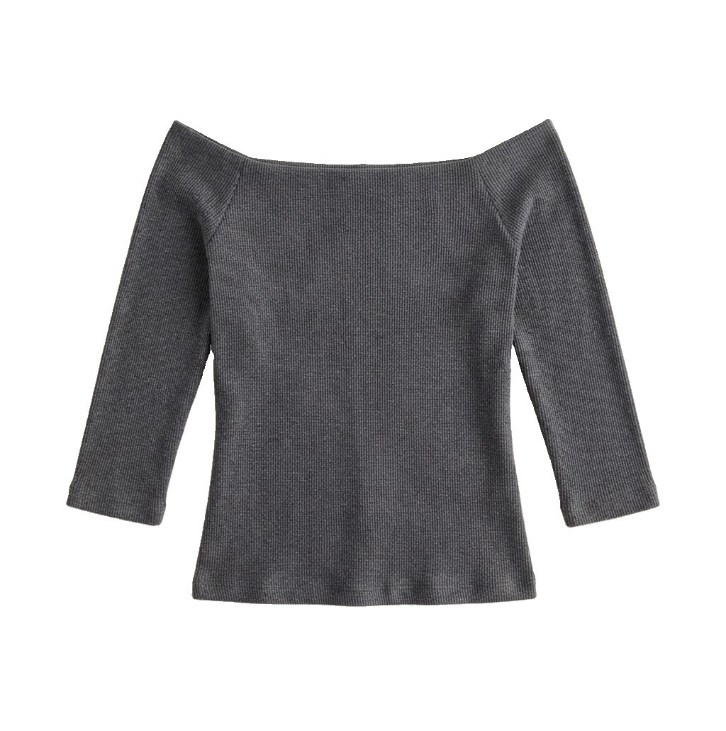 ZARA Women’s Size Small Gray Off-The-Shoulder 3/4 Sleeve Cotton Blend Knit Top