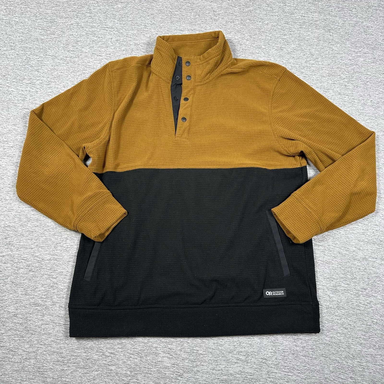 Outdoor Research Trail Mix Snap Pullover Mens Large Black Brown Grid Fleece