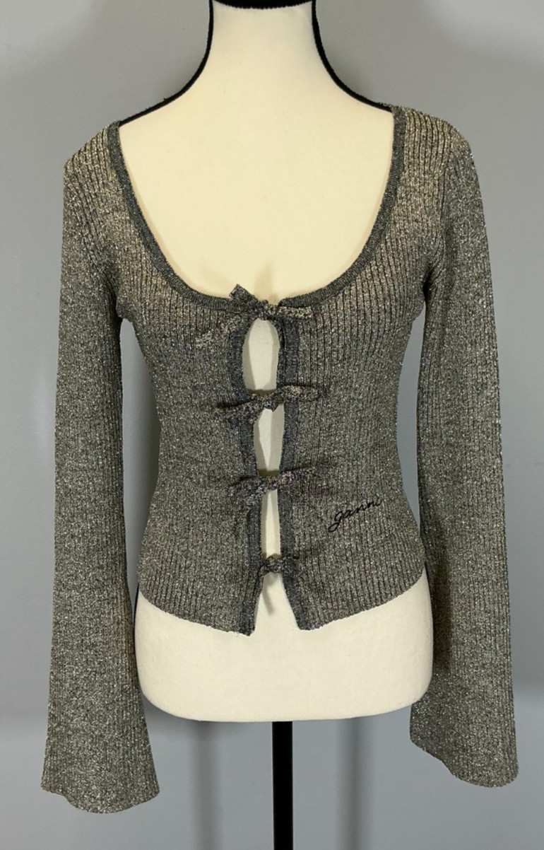 Ganni Metallic Ribbed-Knit Women\'s Size XS Cardigan NWT