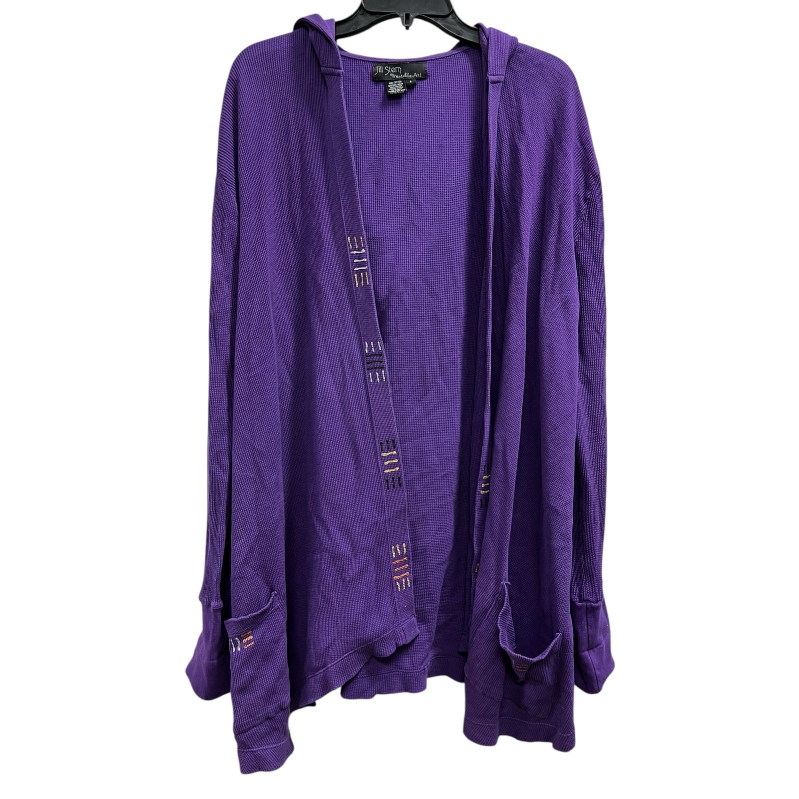 Jill Stern Purple Artsy Embroidered Waffle Knit boho cardigan oversized Sz XL Jill Stern Purple Artsy Embroidered Waffle Knit boho cardigan oversized Sz XL