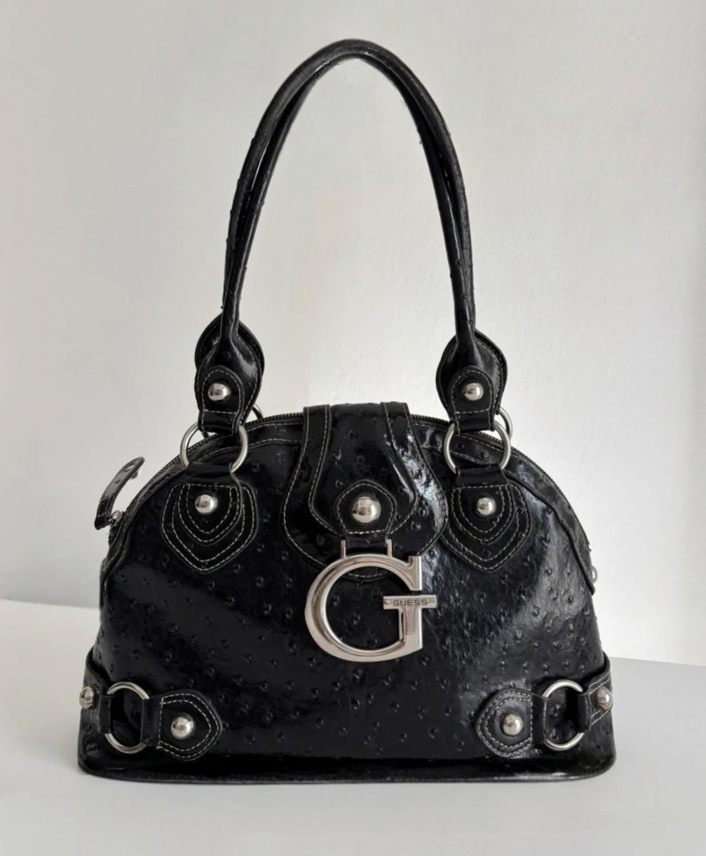  Vintage Guess Y2K Shoulder Bag Black Monogram Leather 2000 Edgy Grunge RARE 90s