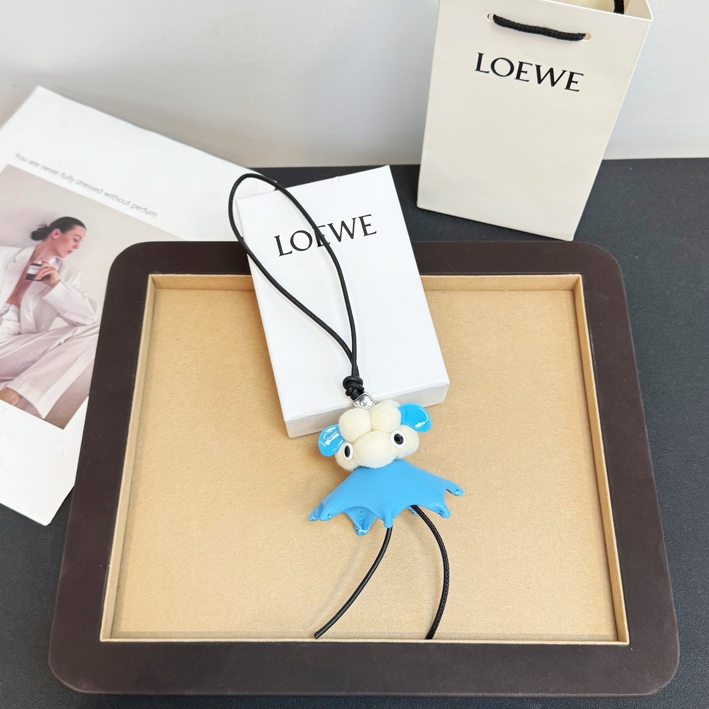 Loewe Puzzle Little Sprite Furry Charm Leather Bag Pendant Silver Anagram Dice