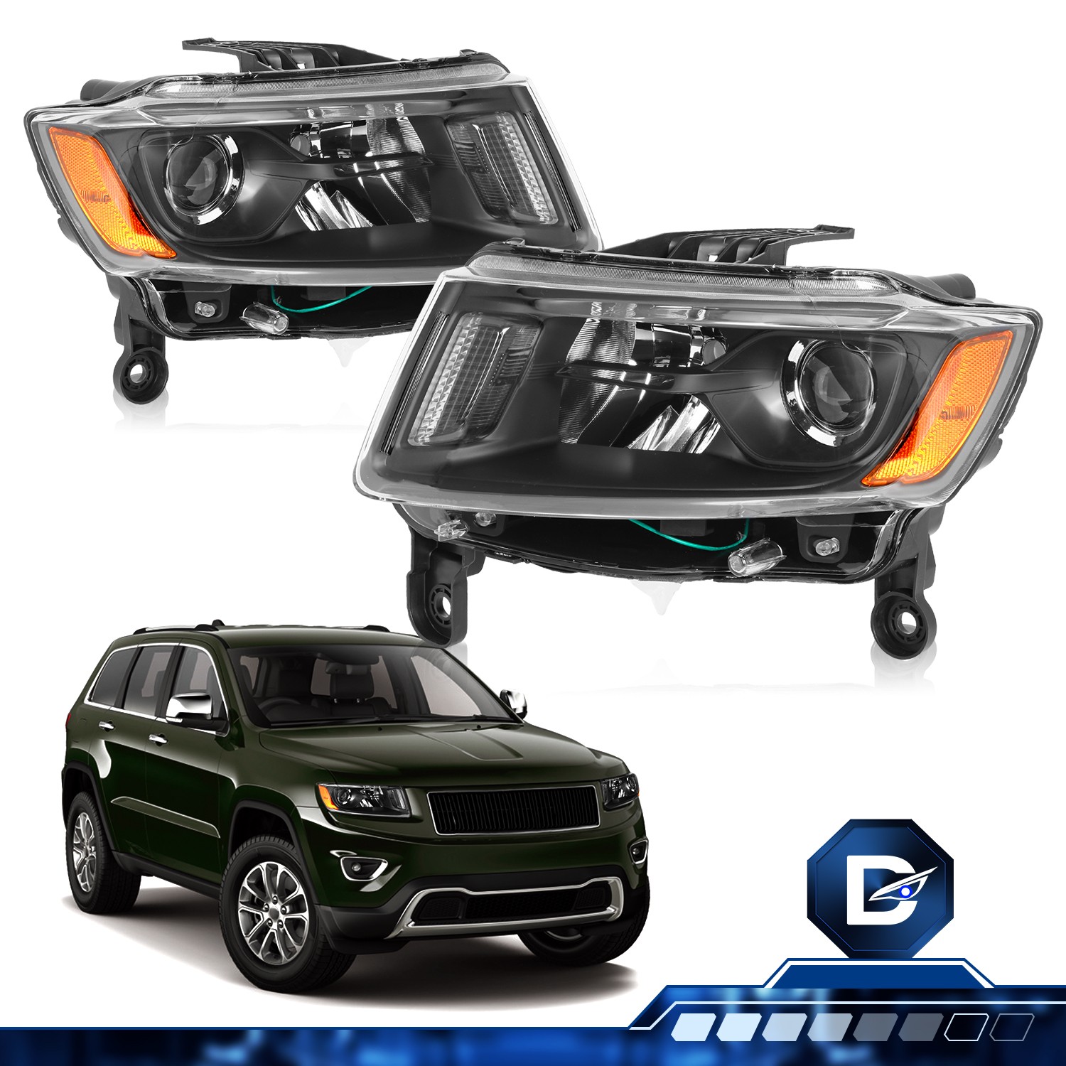 For 2014-2016 Jeep Grand Cherokee LH+RH Side Black Headlights Assembly  Pair
