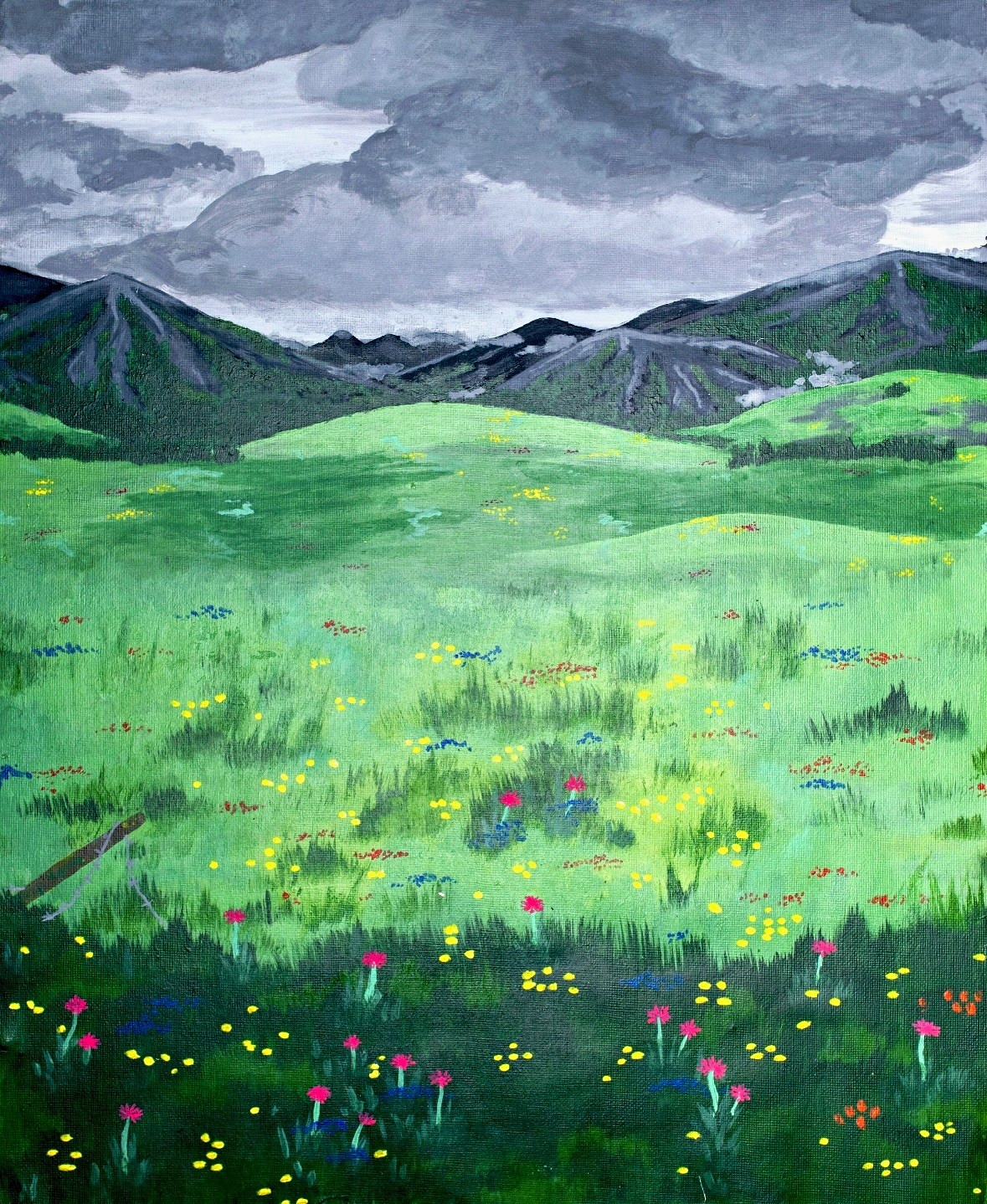 5x7 Signed Impressionist Nature Landscape Painting - Stormy Mountain Meadow