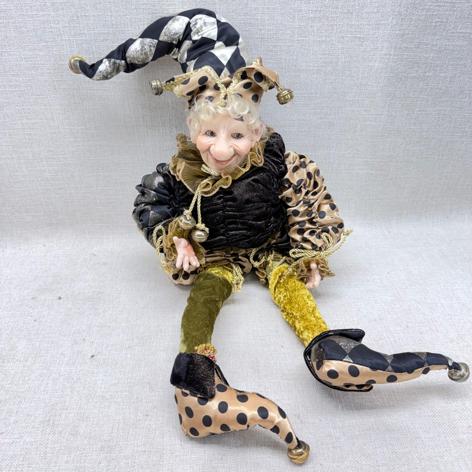 Vintage Harlequin Jester Doll 22 Inch Shelf Sitter Black Gold Polka Dot Bells