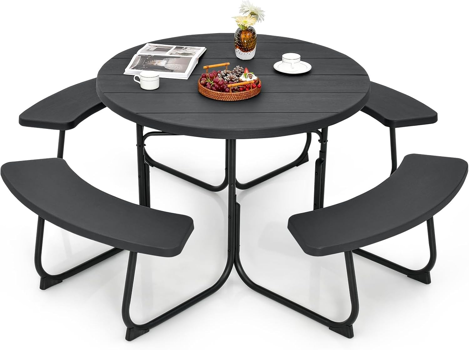 Round Picnic Table for Outdoors, 8 Person Outdoor Picnic Tables & Benches Set wi Round Picnic Table for Outdoors, 8 Person Outdoor Picnic Tables & Benches Set wi