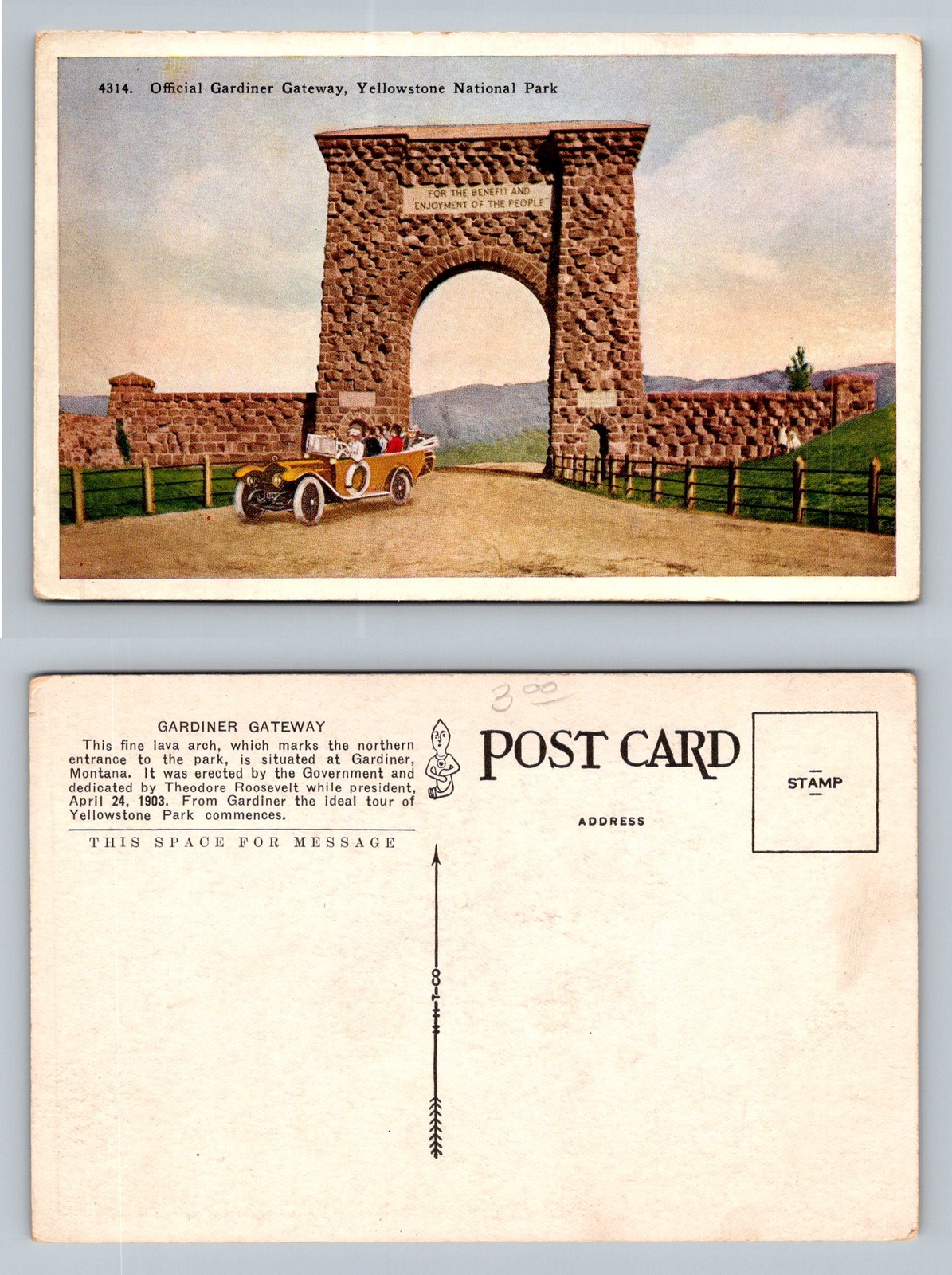 Gardiner, MT-Montana, Official Gardiner Gateway Arch Early Auto Vintage Postcard