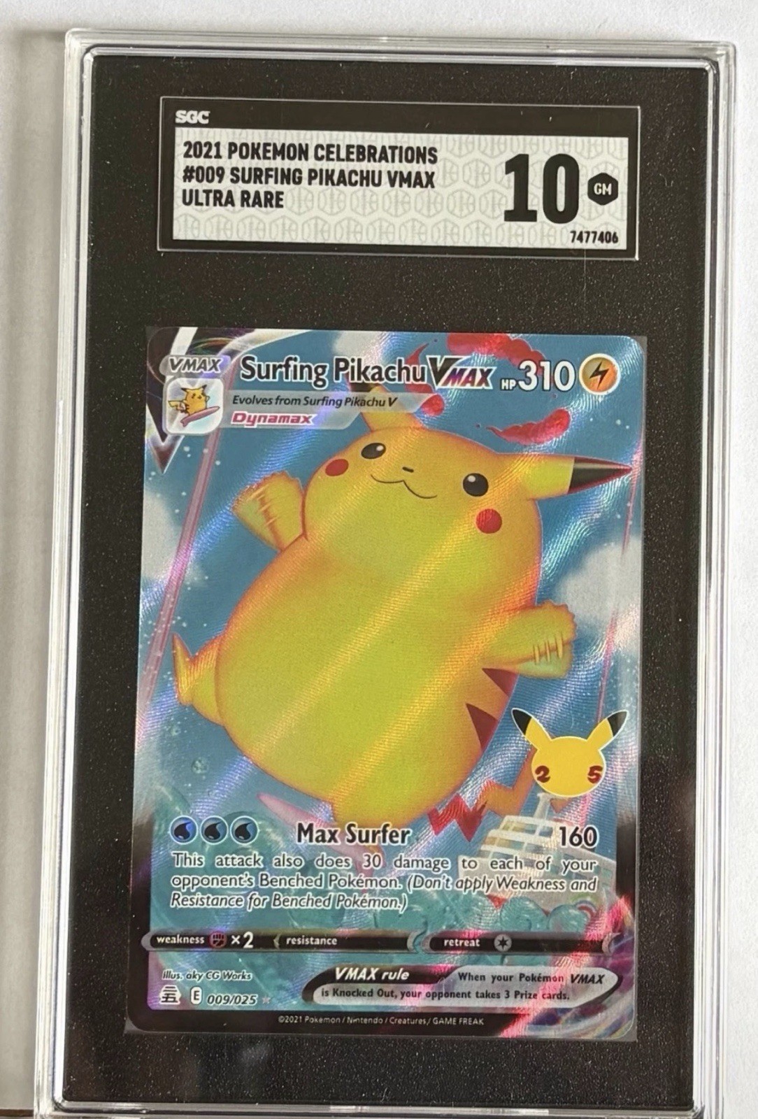 2021 Pokemon Celebrations #009 Surfing Pikachu VMAX Ultra Rare SGC 10 GEM MINT 2021 Pokemon Celebrations #009 Surfing Pikachu VMAX Ultra Rare SGC 10 GEM MINT