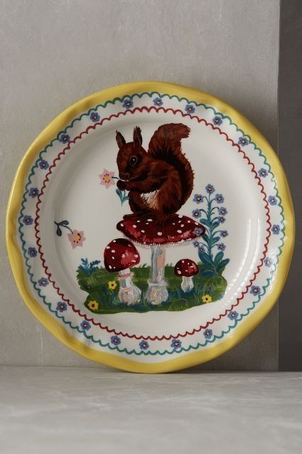 Anthropologie NATHALIE LETE Dinner Plate SQUIRREL MUSHROOMS Flowers 10
