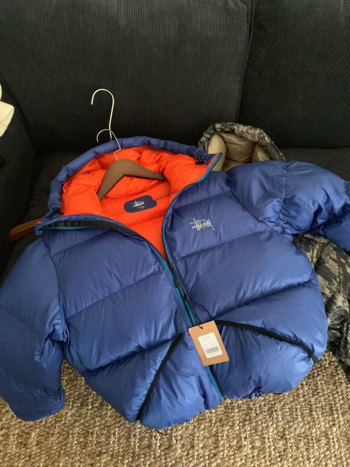 Stussy Micro Ripstop Down Parka Puffer Jacket Blue Orange Hooded Coat Men