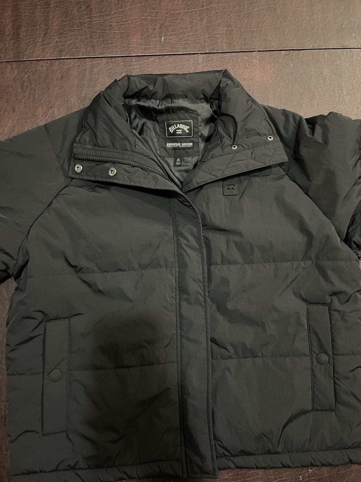Billabong Men\'s M Hooded Puffer Jacket Black Stand-Up Collar Pockets Zipper