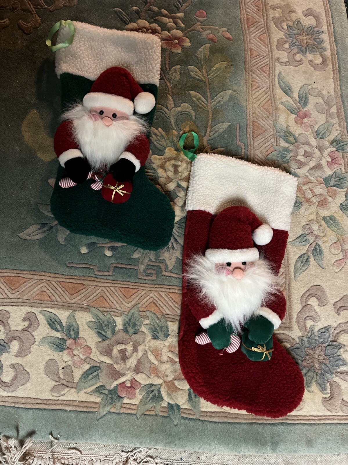 Vintage 3D Santa’s (2) . Green And Red 20” . Santa’s Holding Gift And Candy Cane