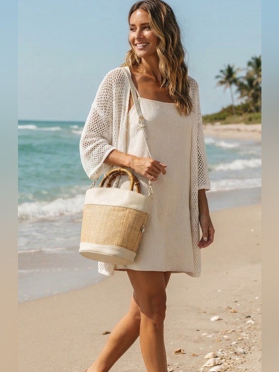 J.McLaughlin Straw Pebbled Leather Bamboo Handle Tote Crossbody Bag Cream