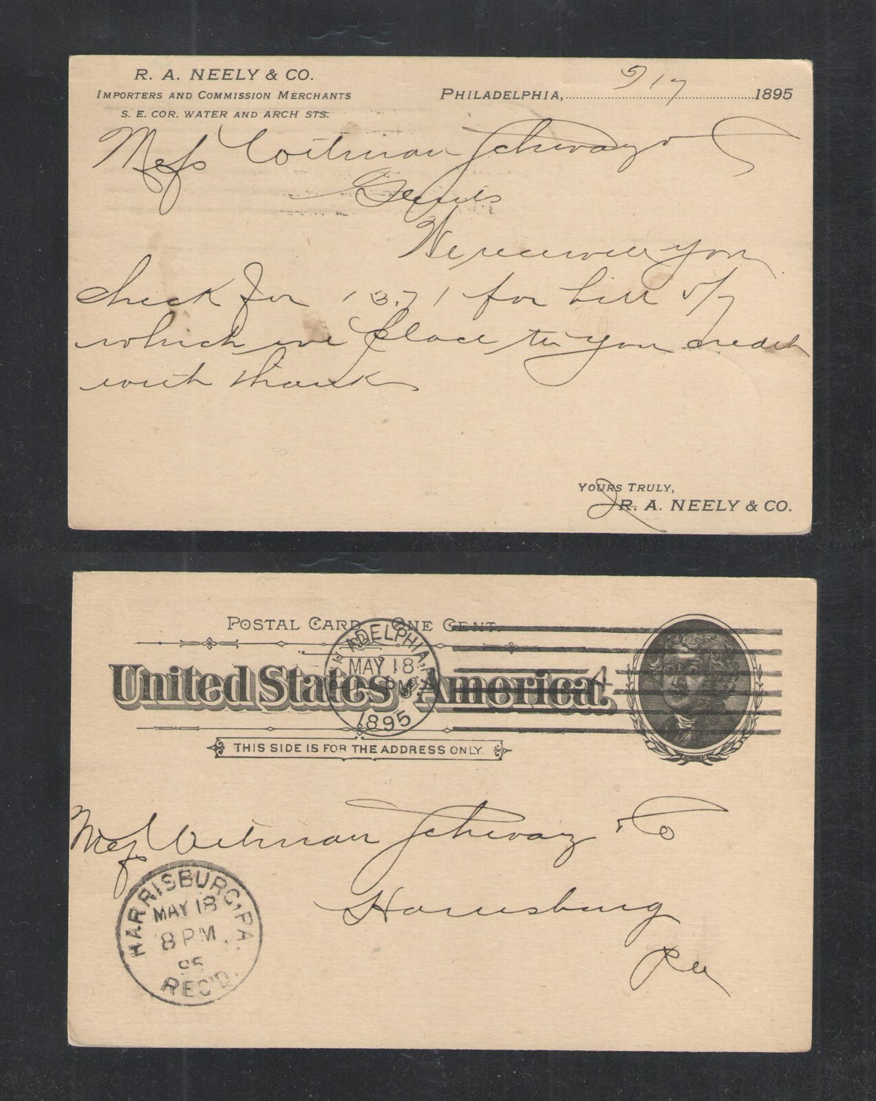 1895 R A NEELY & CO IMPORTERS PHILADELPHIA PA ADVERTISING POSTAL CARD UX12