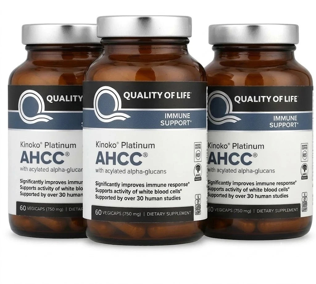 3 Pack Quality of Life Labs Kinoko Platinum AHCC 750 mg - 60 Capsules Each