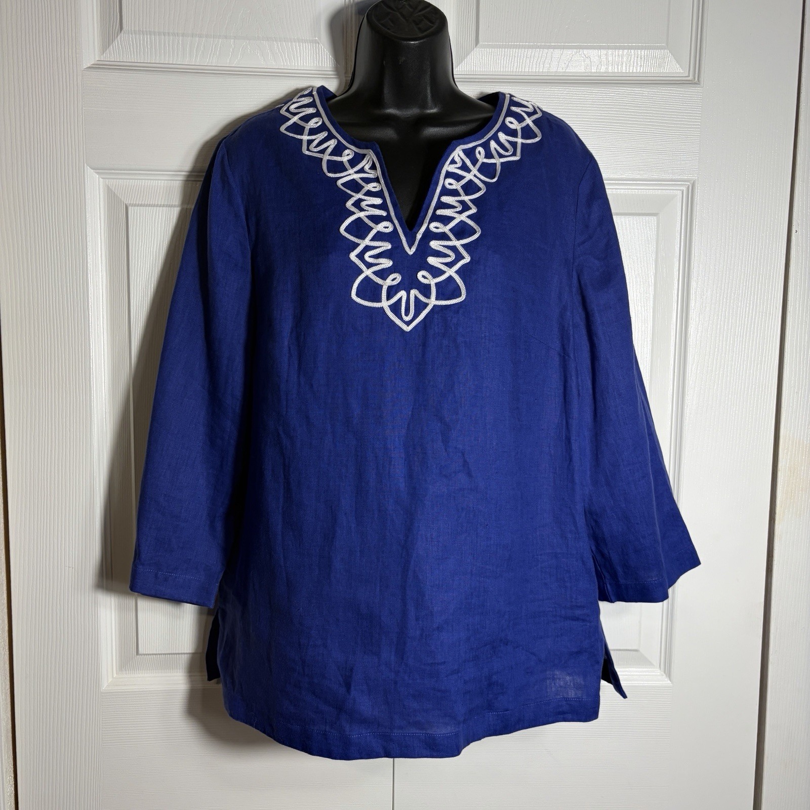 Talbots Outlet 100% Linen Tunic Top Women M Blue Embroidered Split Neck Shirt Talbots Outlet 100% Linen Tunic Top Women M Blue Embroidered Split Neck Shirt