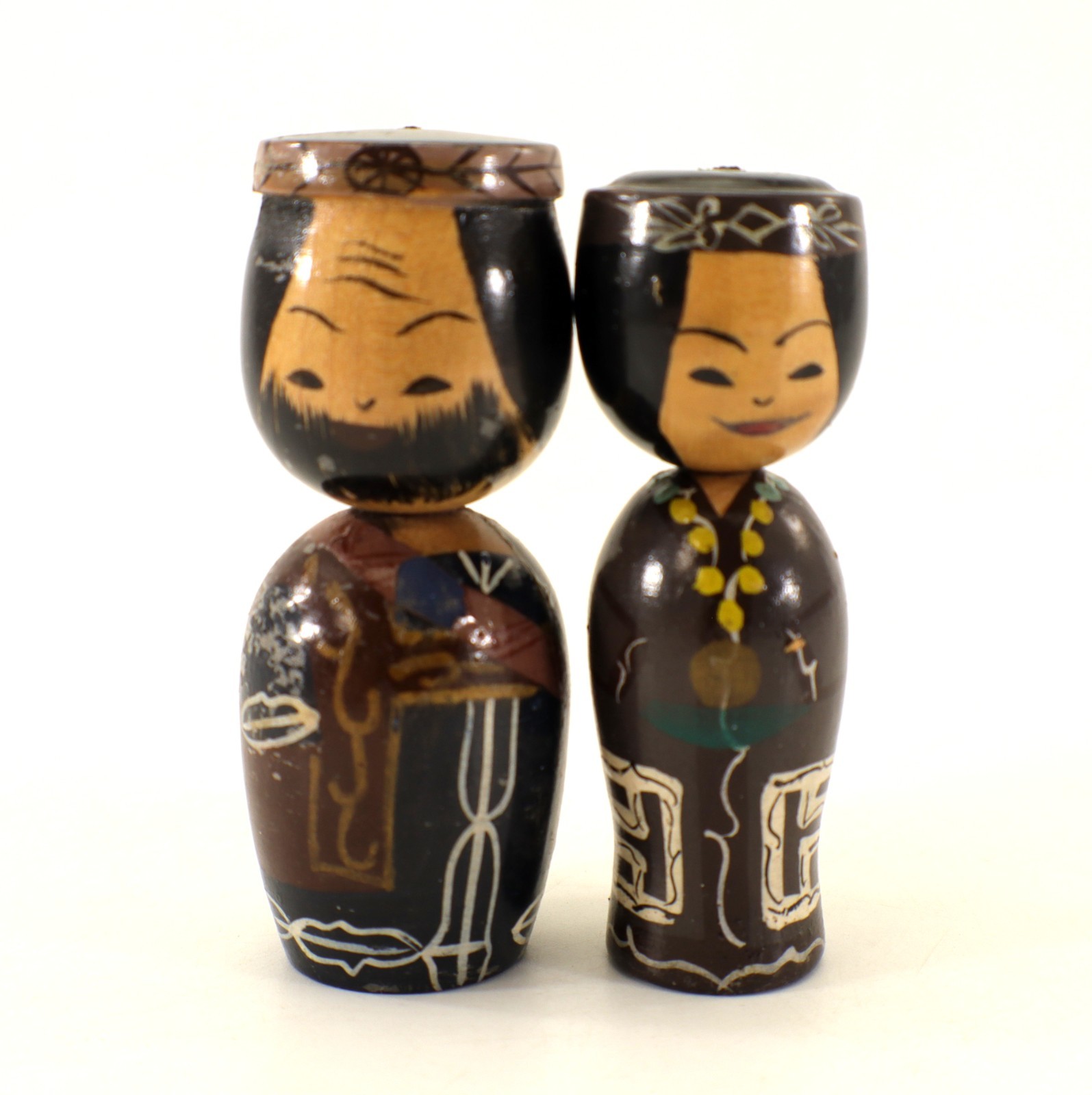 Japanese Kokeshi Doll Pair Man & Woman Hand Painted Wood Bobbling Heads 3