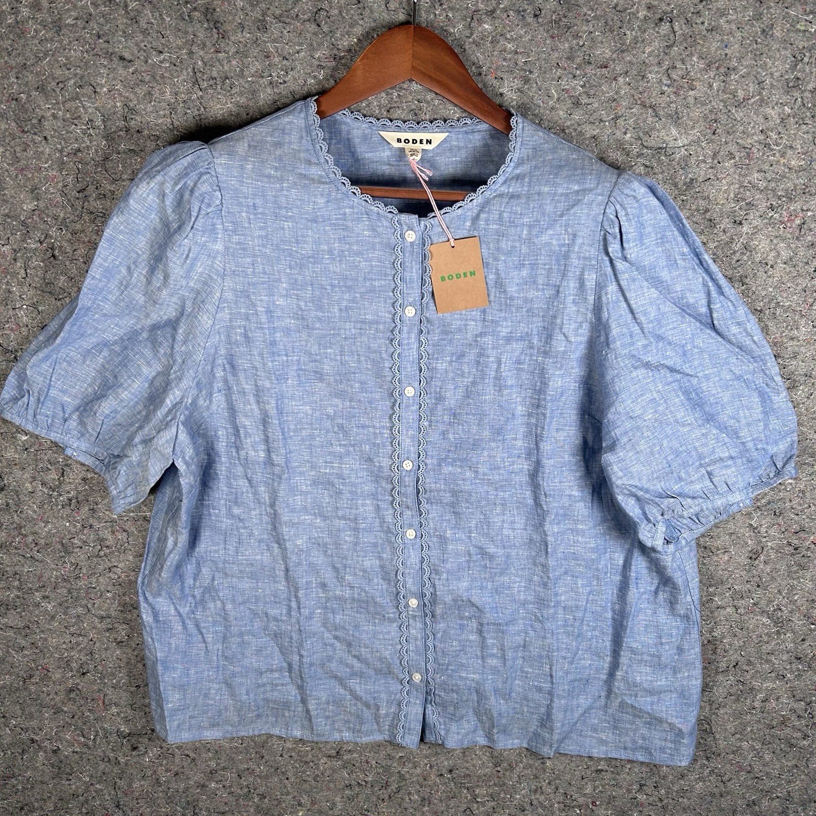Boden Leah Short Sleeve Linen Top Chambray Blue Scalloped Trim Sz 20/22 NWT NEW