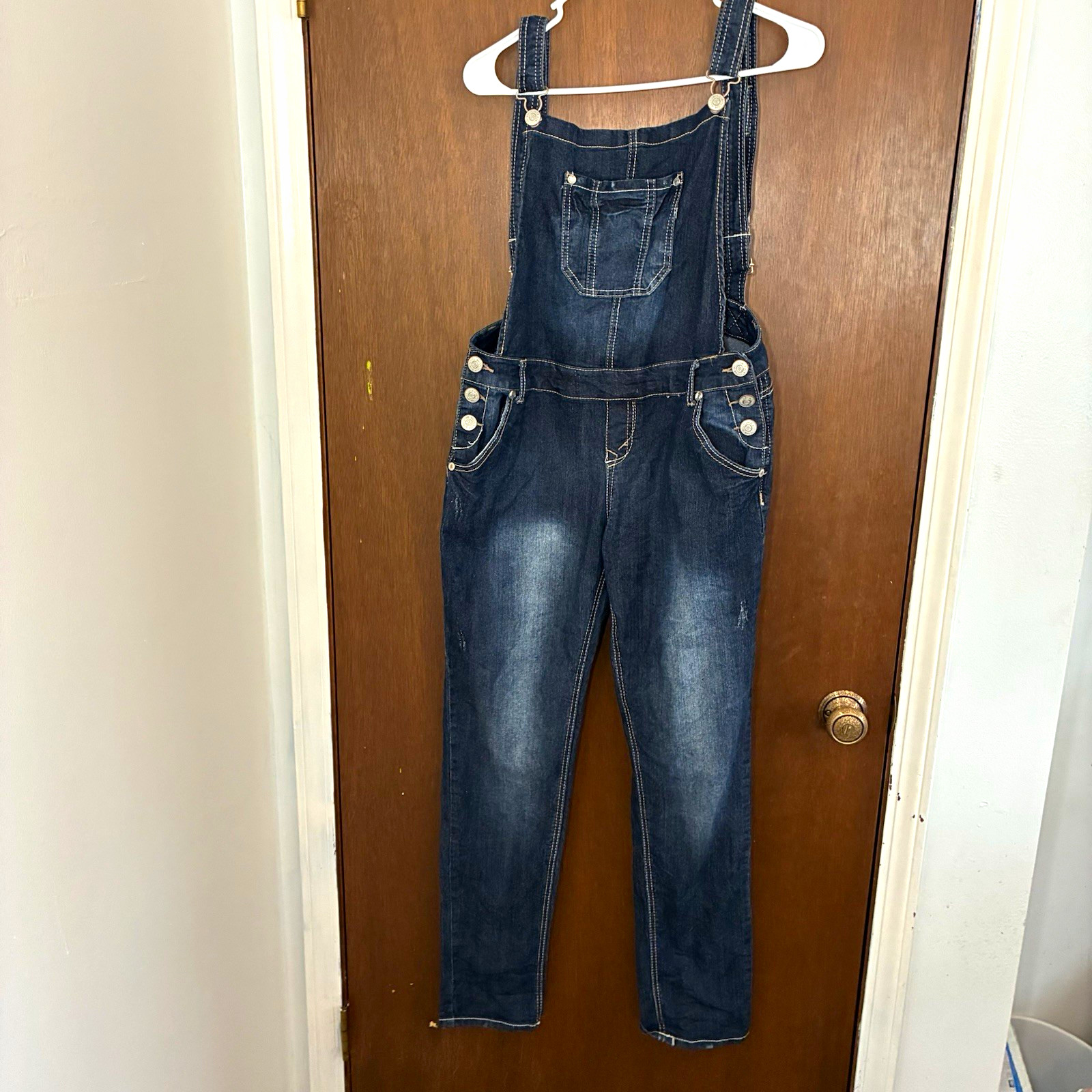 WallFlower Women\'s Blue Denim Overall One-Piece Size L Adjustable Straps Pockets WallFlower Women\'s Blue Denim Overall One-Piece Size L Adjustable Straps Pockets