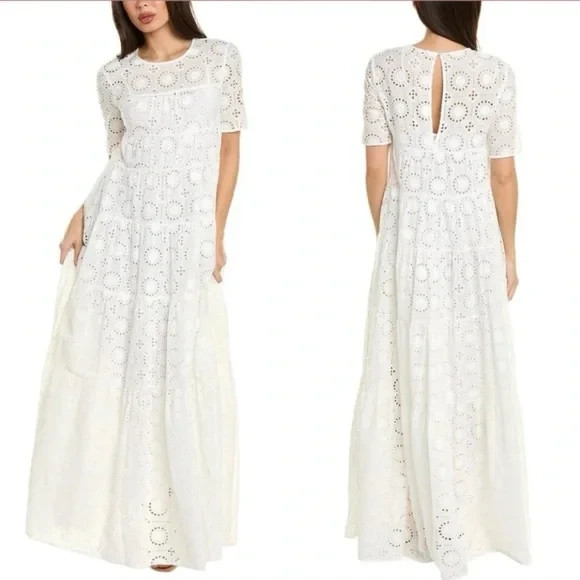 NEW, Staud Hyacinth Short Sleeve Eyelet Maxi Dress In White Size S # LD57 NEW, Staud Hyacinth Short Sleeve Eyelet Maxi Dress In White Size S # LD57
