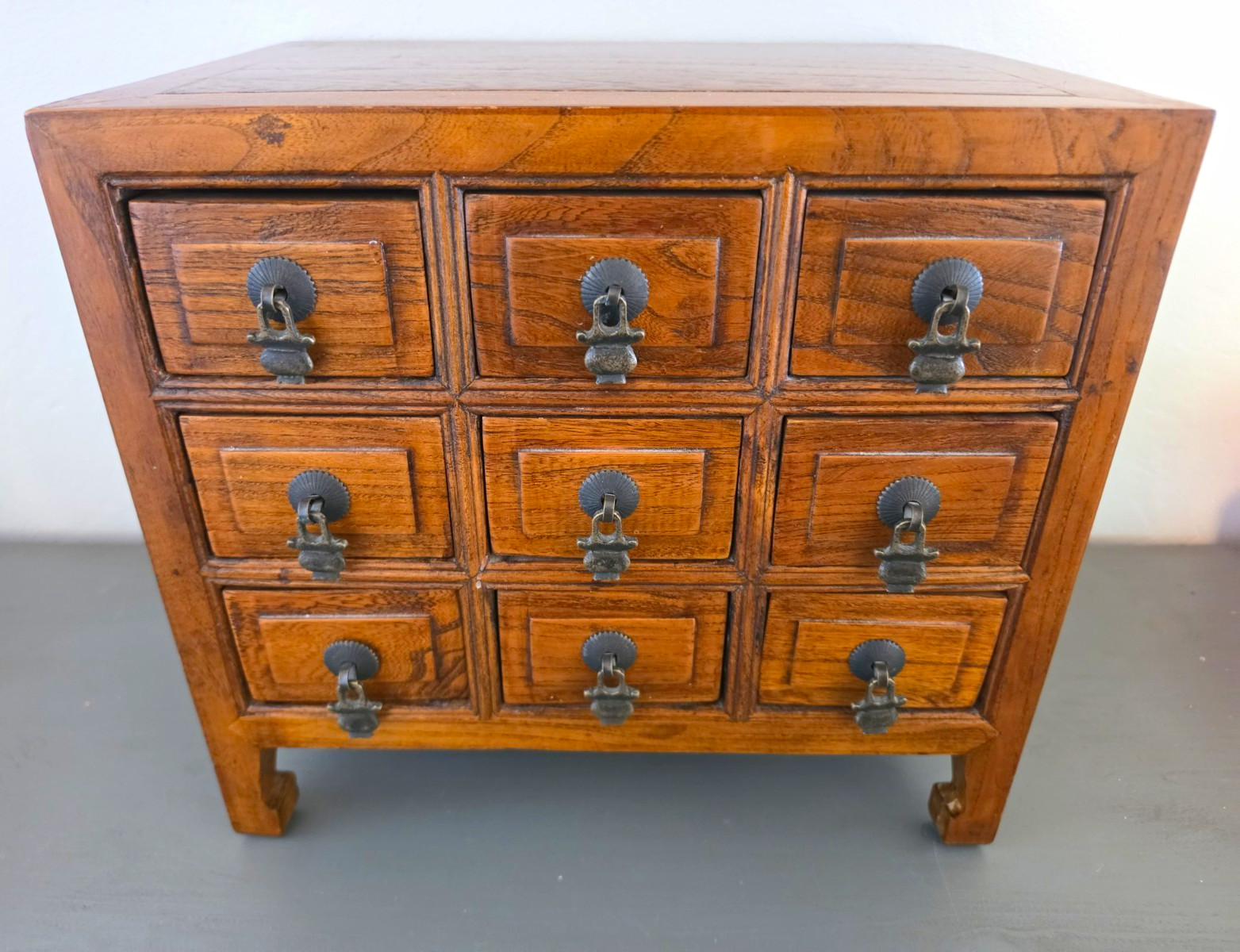 Antique Brown Stained Wood 9-Drawer Cabinet w/ Metal Pull Handles 14x10x13