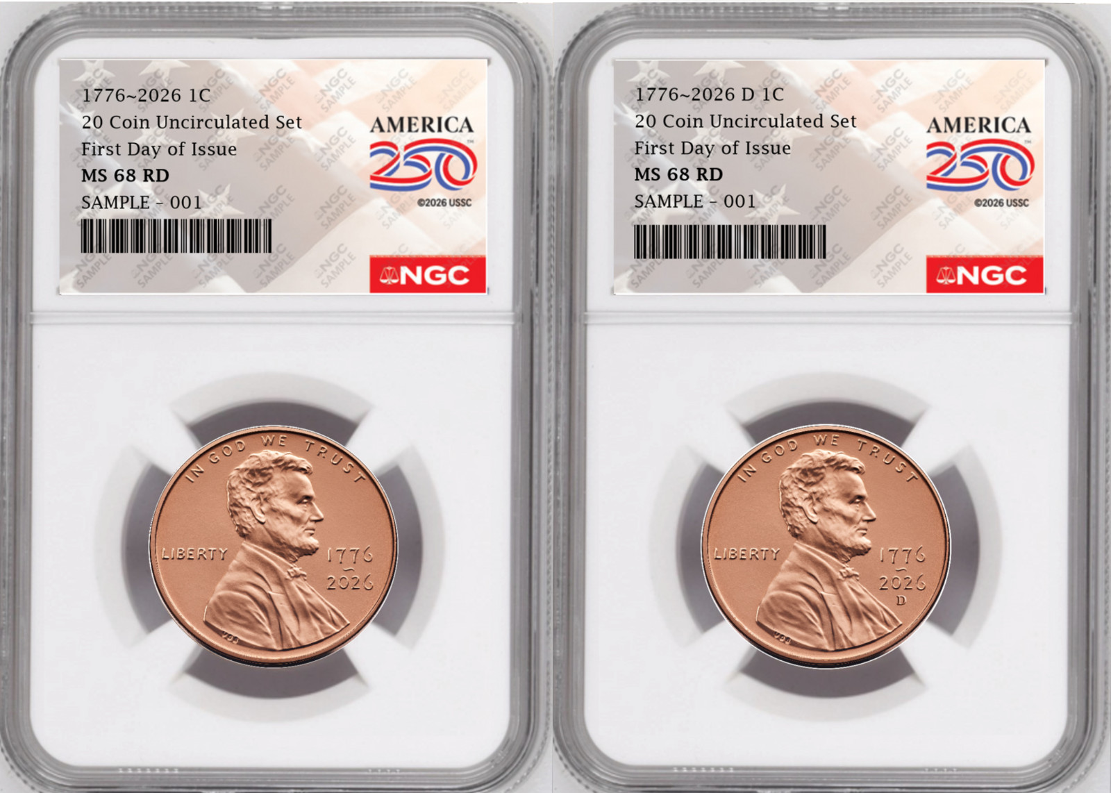 2 Coin set, 1776-2026 P & D  Lincoln Cent , NGC MS 68 RD FDOI, 250 Flag Presale3