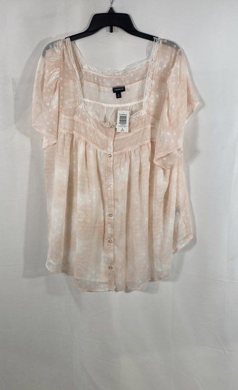 Torrid Women\'s Peach Swiss Dot Chiffon Lace Trim Button Front Blouse NWT 3X