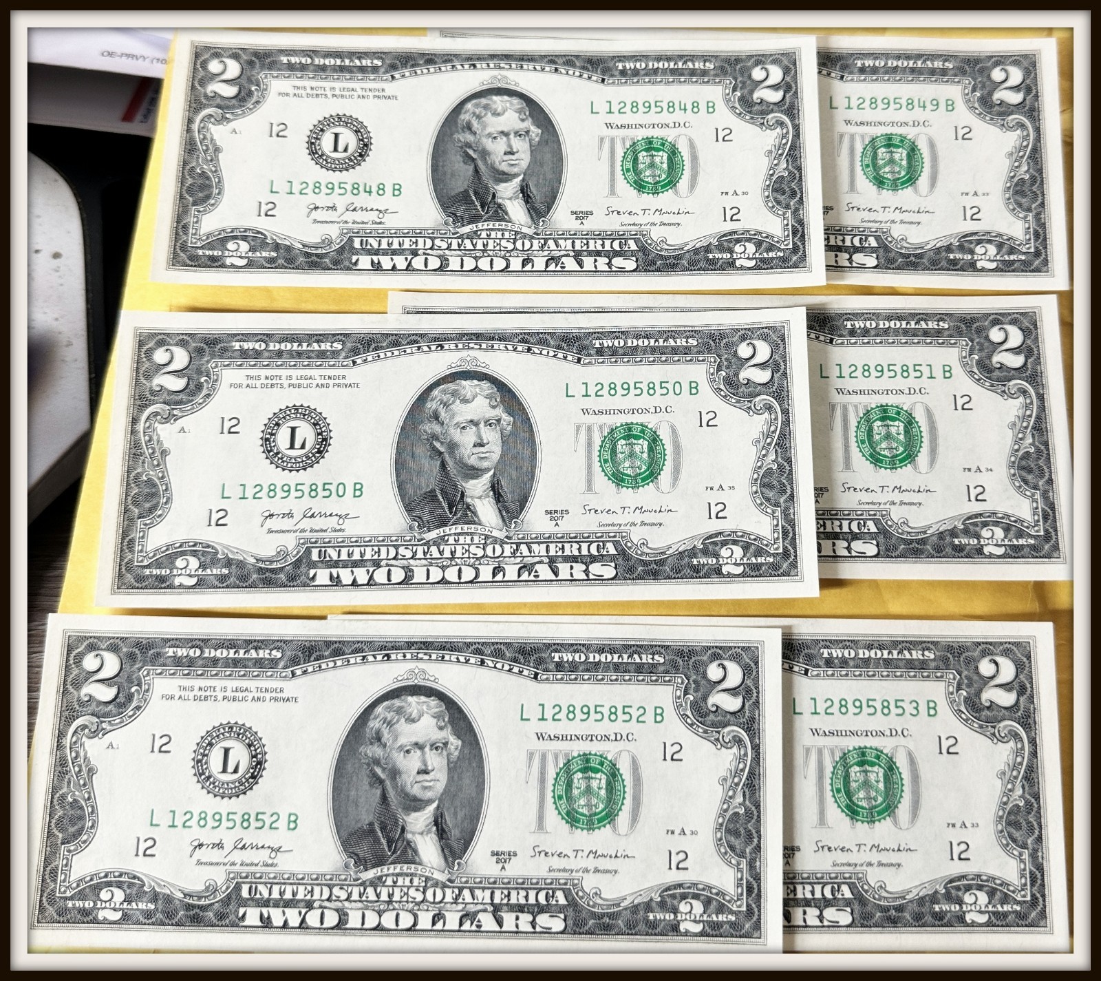 Uncirculated Lot of 6 Two Dollar Bills Sequential Serial Numbers