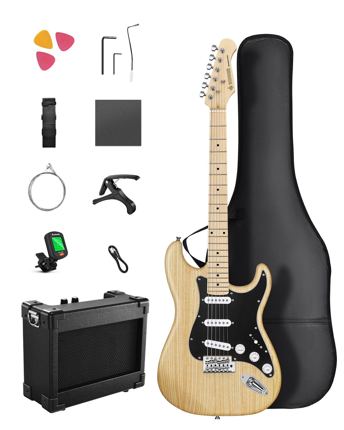 🎸 Donner DST-80 Electric Guitar Bundle SSS Pickups Wood Grain Design | Natural