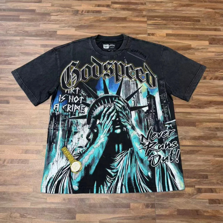 NEW Godspeed vintage casual washed print short sleeve Mens high street T-shirt