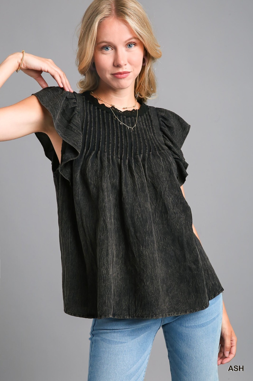 Umgee Ash Black Snow Wash Pin-Tuck Round Neck Top with Flutter Sleeves