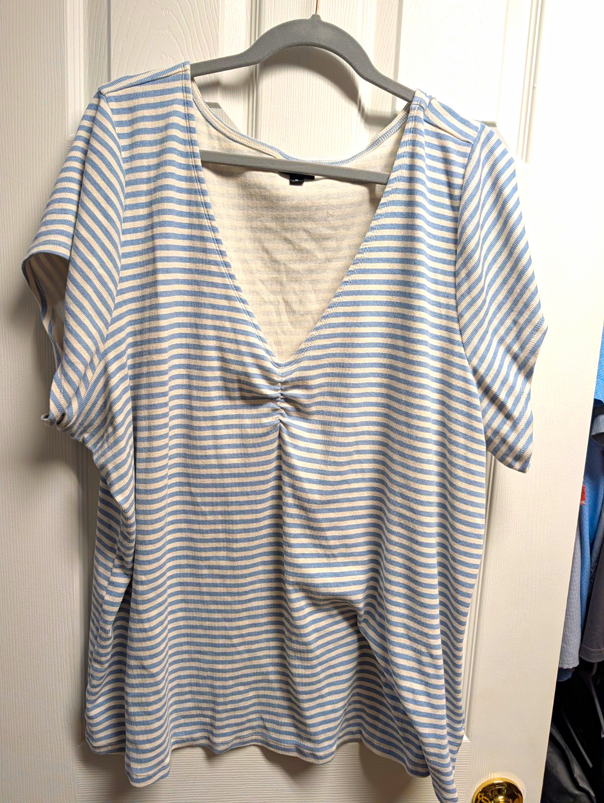 Torrid Plus Size 6 Blue/White Striped V-Neck Short Sleeve rib knit Tee