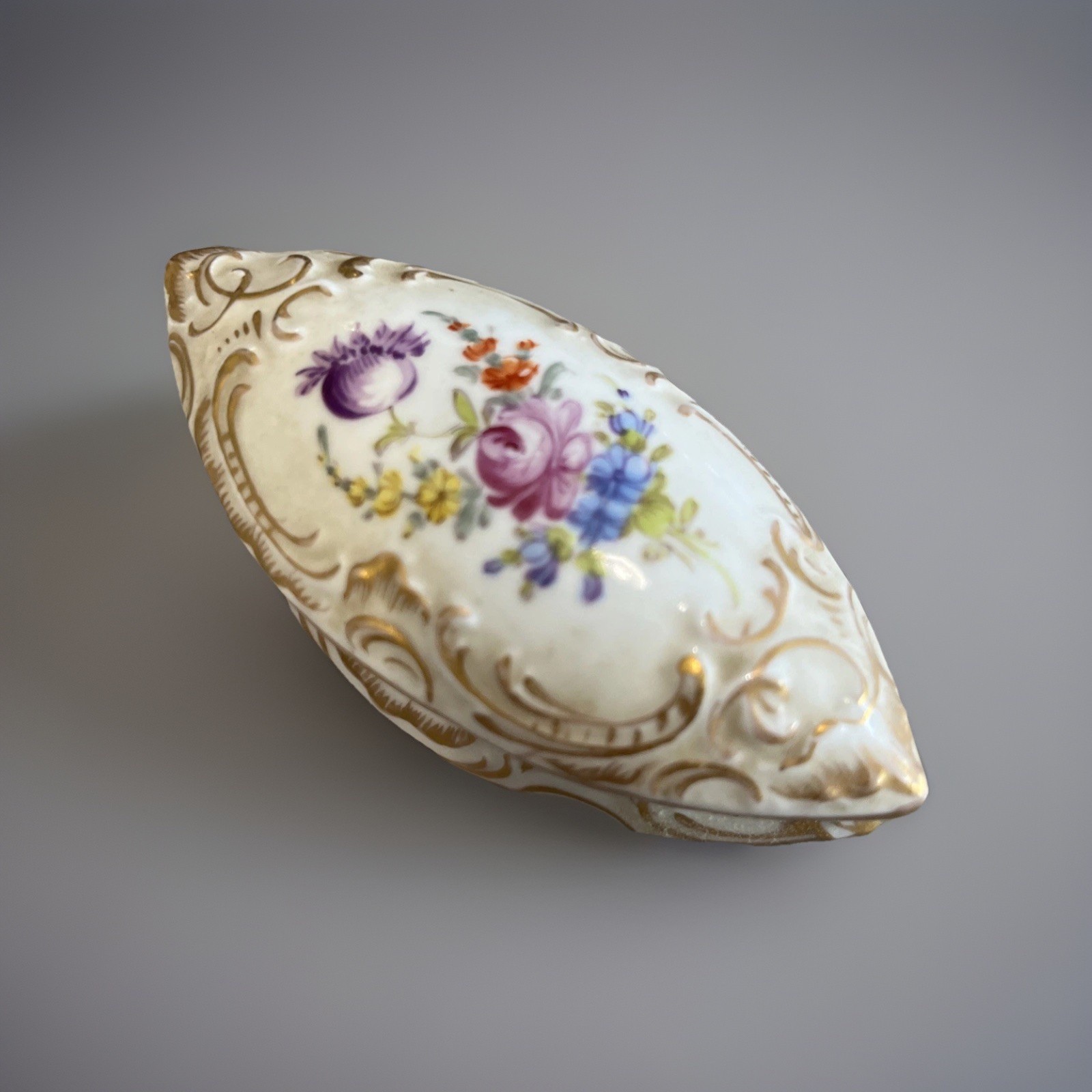 Antique German Meissen Trinket Box Gilt & Painted Flowers Porcelain Lidded 