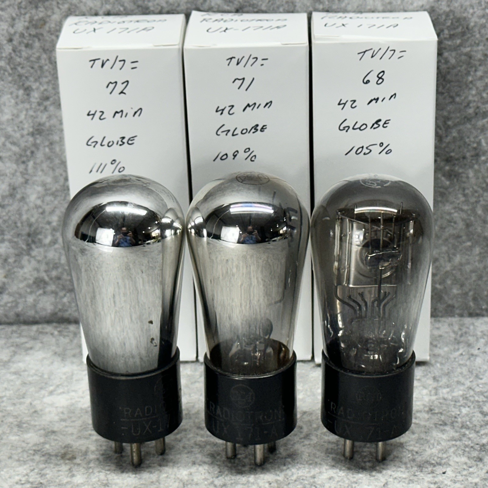 3  RCA RADIOTRON UX-171A GLOBE TUBES  BALOON 71A all tested over 100%