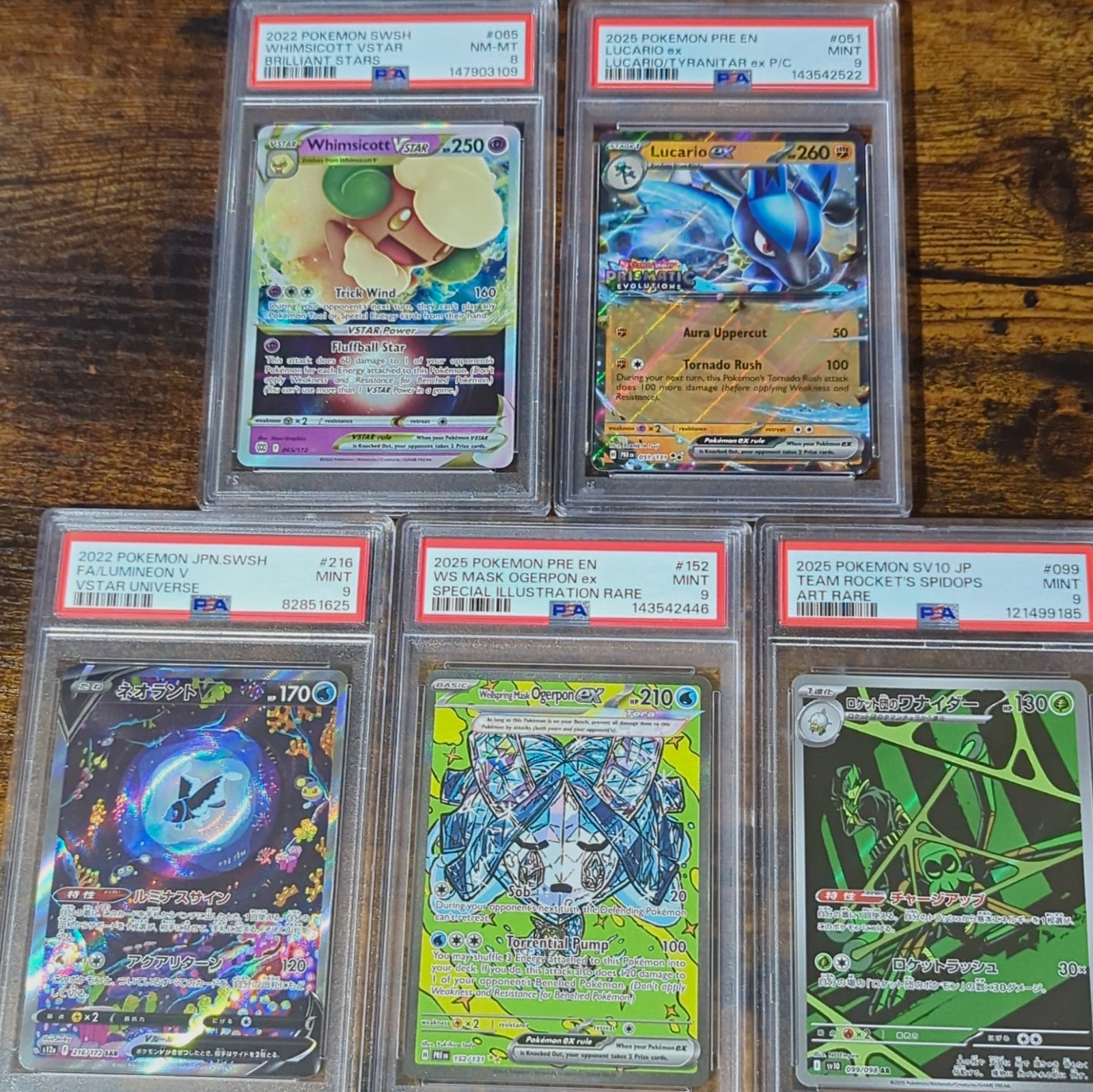 PSA Graded Pokémon 5-Card Lot (SAR, AR) Whimsicott VSTAR Lucario ex Ogerpon ex