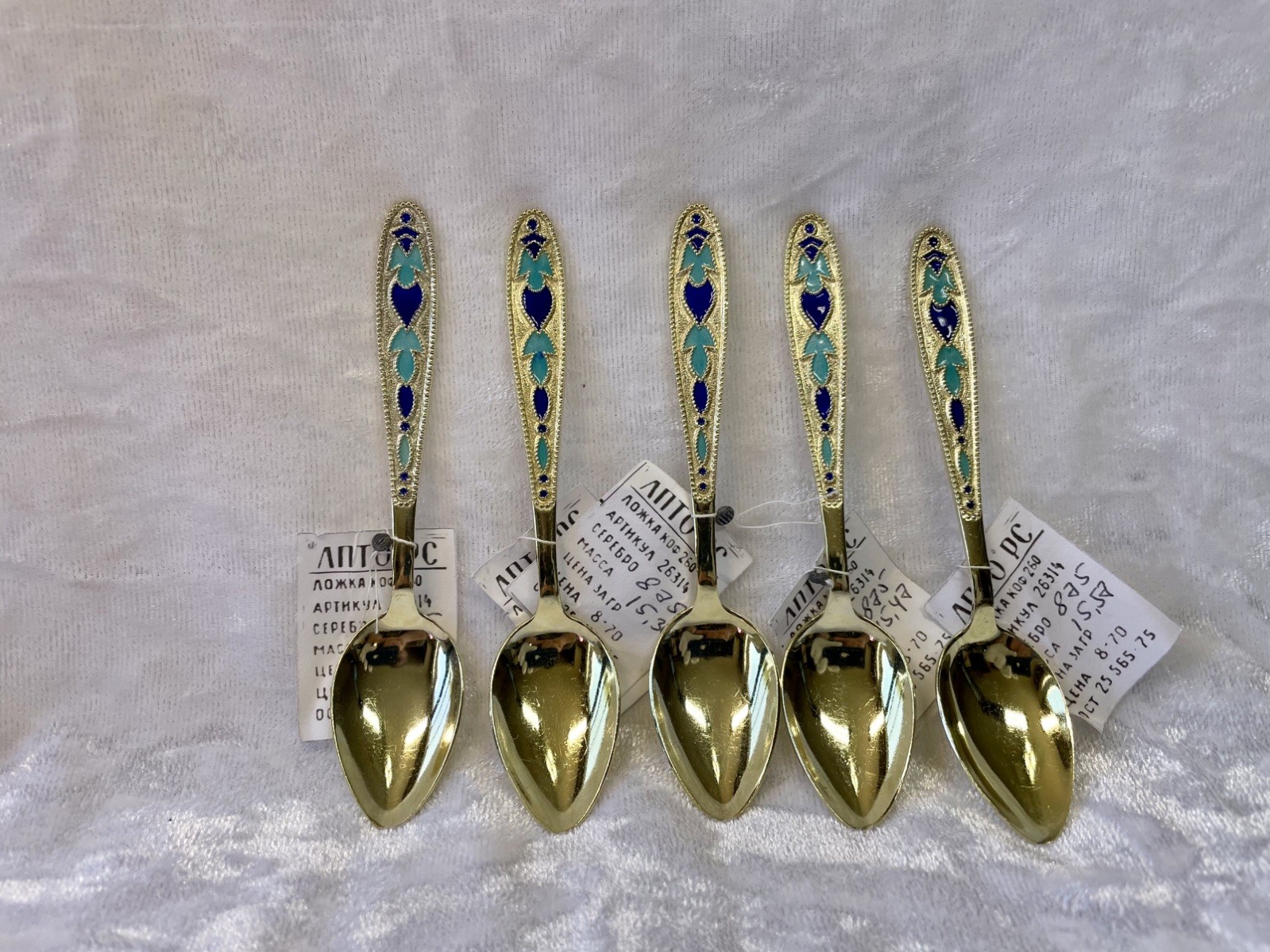 Russian USSR Gilded 916 Silver Enamel Tea Coffee Spoons Spoon Set Sterling Spoon Russian USSR Gilded 916 Silver Enamel Tea Coffee Spoons Spoon Set Sterling Spoon