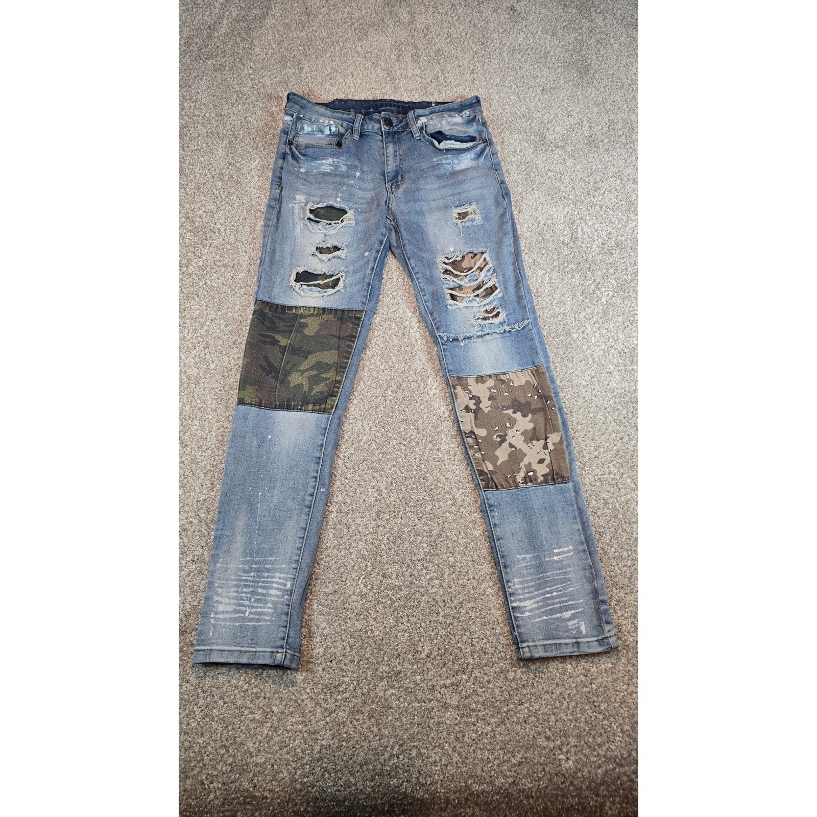 Rue21 Premium Supreme Flex Skinny Distressed Camo Patch Jeans 32x32 Blue Rue21 Premium Supreme Flex Skinny Distressed Camo Patch Jeans 32x32 Blue