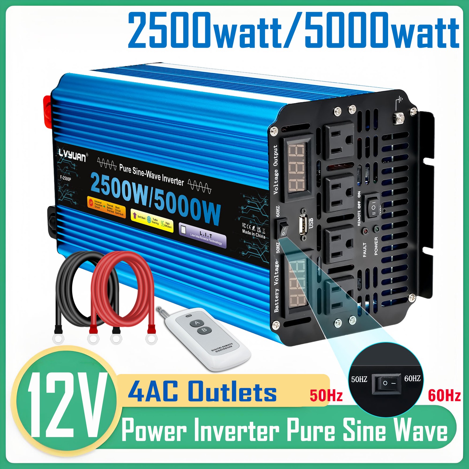 5000W - 10000W Pure Sine Wave Power Inverter 12V 24V 110V 4AC w/Remote Control