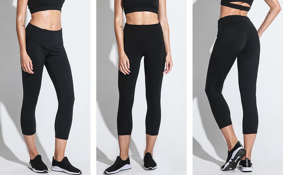 Women\'s Capri Pocket Yoga Pants High Waist Tummy Control 4 Way Stretch Leggings